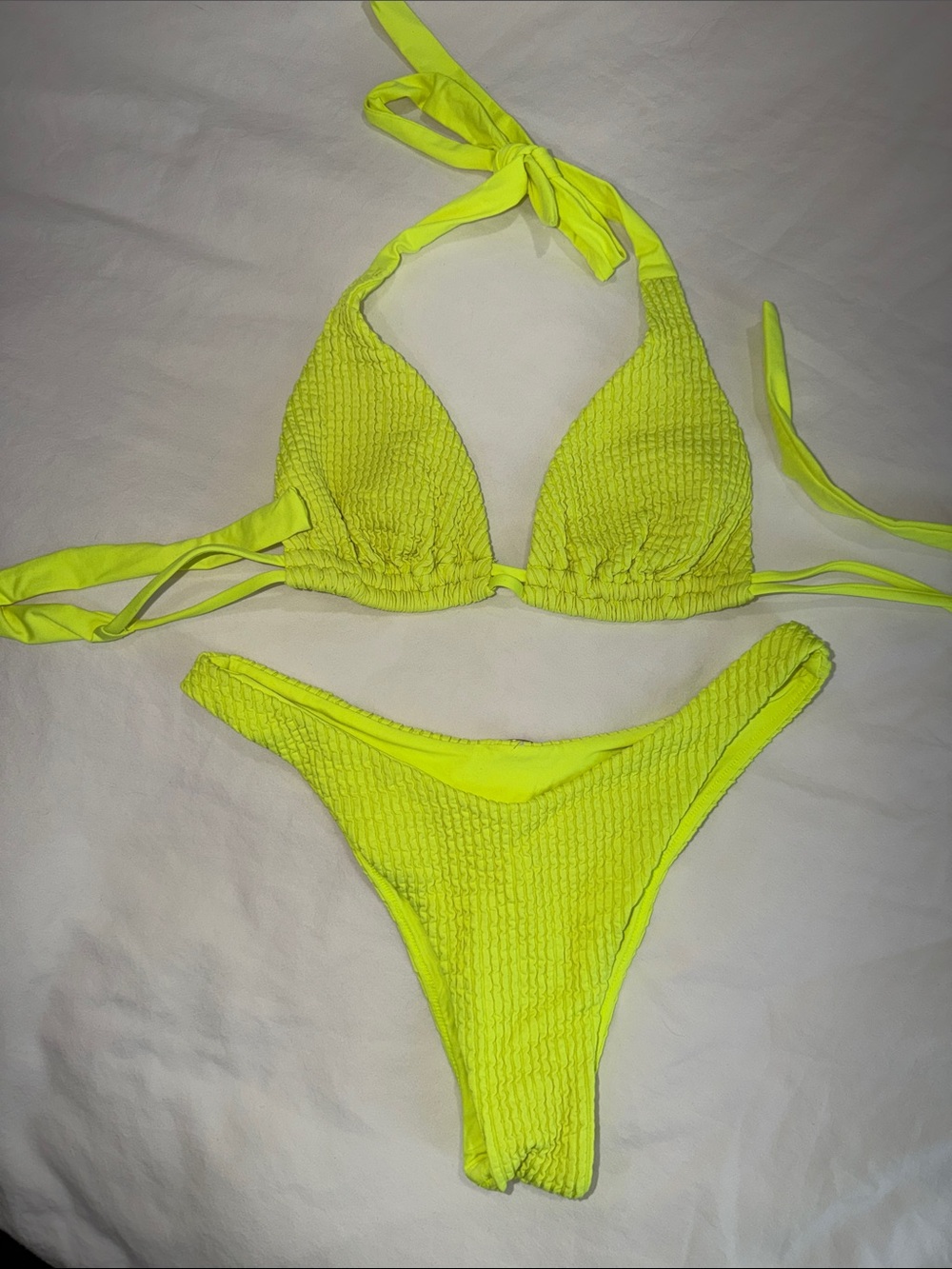 Luli Fama Neon Yellow Textured Triangle Bikini